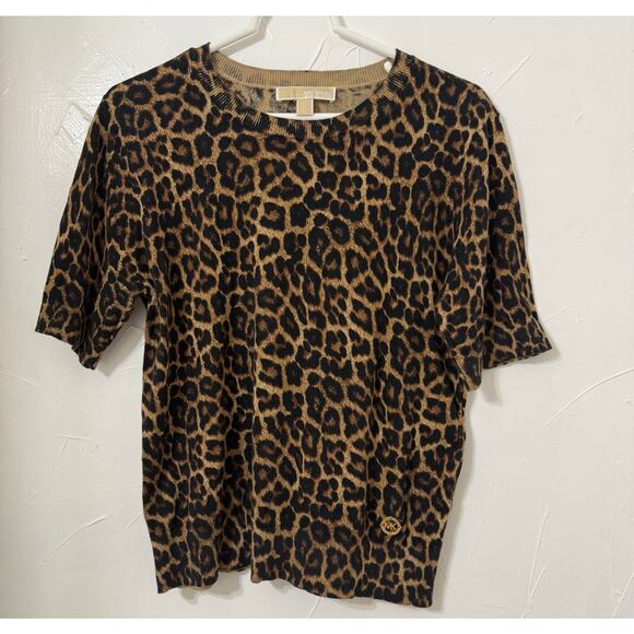 Michael Kors Cheetah Shirt Short Sleeve Women's Size Large Top - Picture 1 of 5